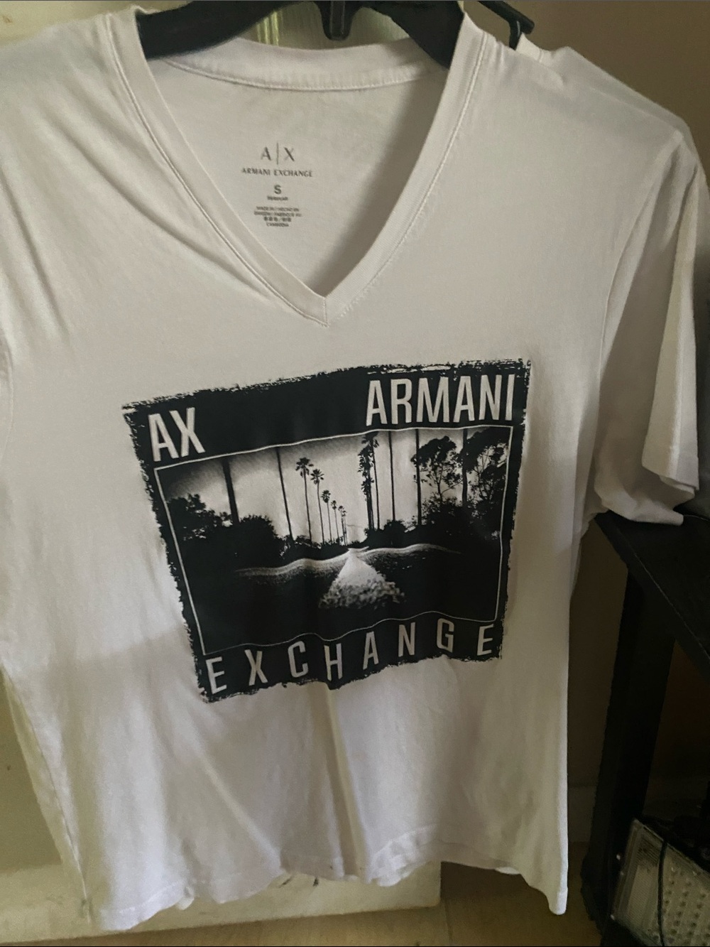 Armani Exchange White V-Neck Graphic Tee with Black Photo Print